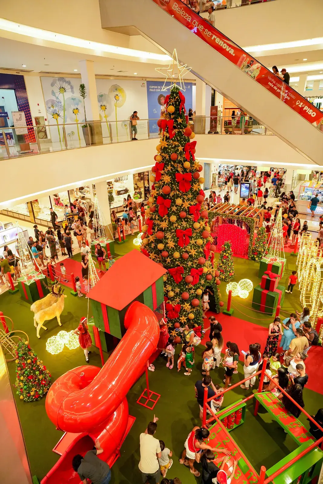 Overhead view of the mall atrium, with the Christmas tree and the slide